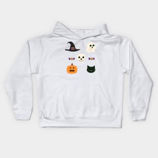 Cute Halloween Design with Ghost, Pumpkin, Skull, Cat, and Witch Hat Kids Hoodie